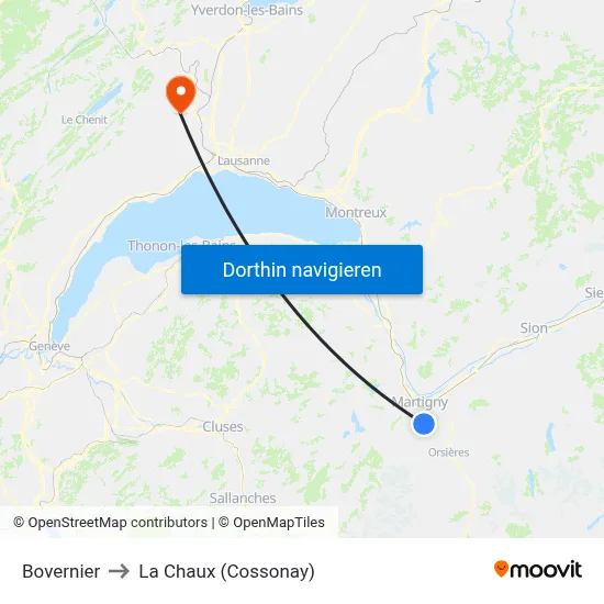 Bovernier to La Chaux (Cossonay) map