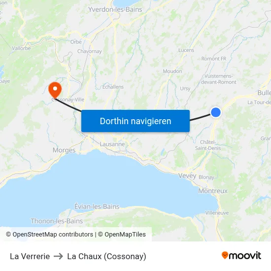 La Verrerie to La Chaux (Cossonay) map