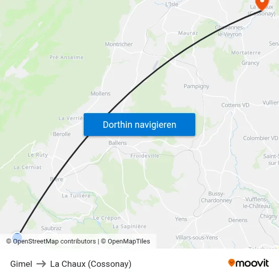 Gimel to La Chaux (Cossonay) map