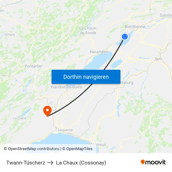 Twann-Tüscherz to La Chaux (Cossonay) map