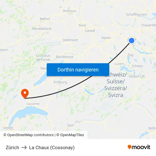 Zürich to La Chaux (Cossonay) map