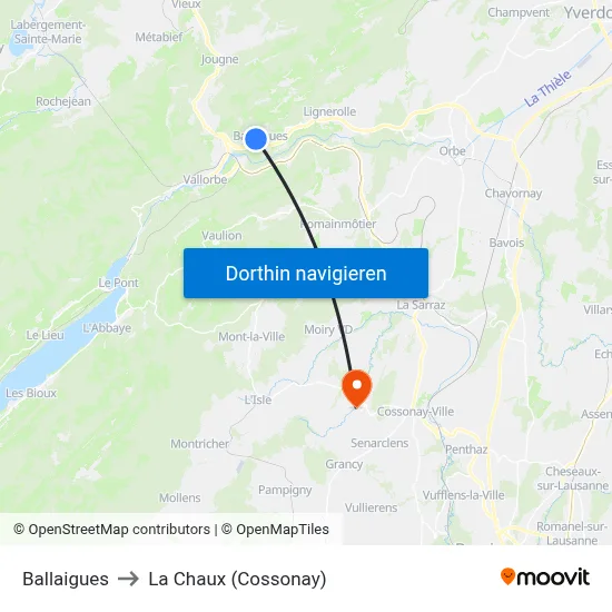 Ballaigues to La Chaux (Cossonay) map