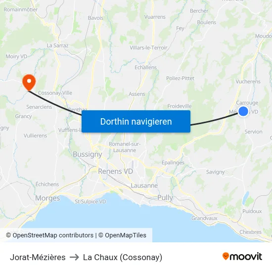 Jorat-Mézières to La Chaux (Cossonay) map