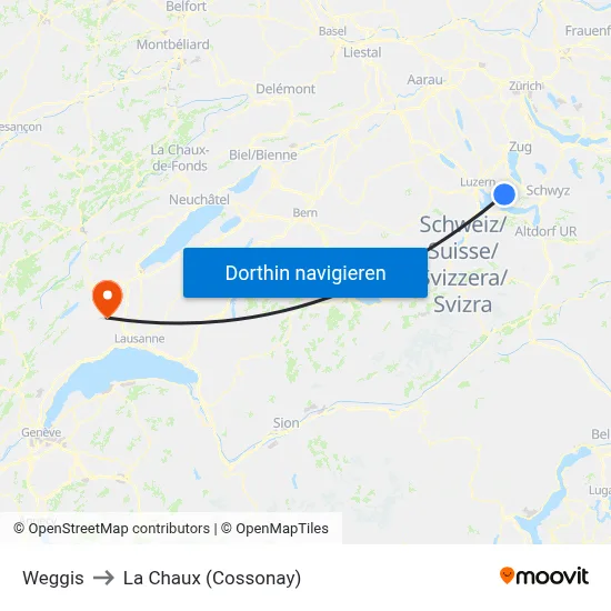 Weggis to La Chaux (Cossonay) map