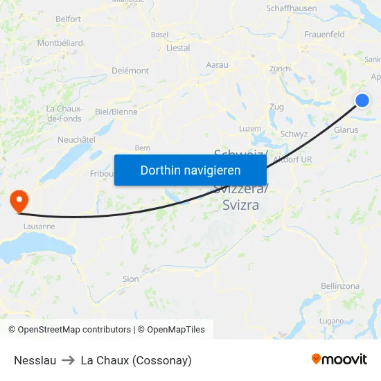 Nesslau to La Chaux (Cossonay) map