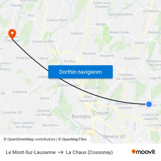 Le Mont-Sur-Lausanne to La Chaux (Cossonay) map