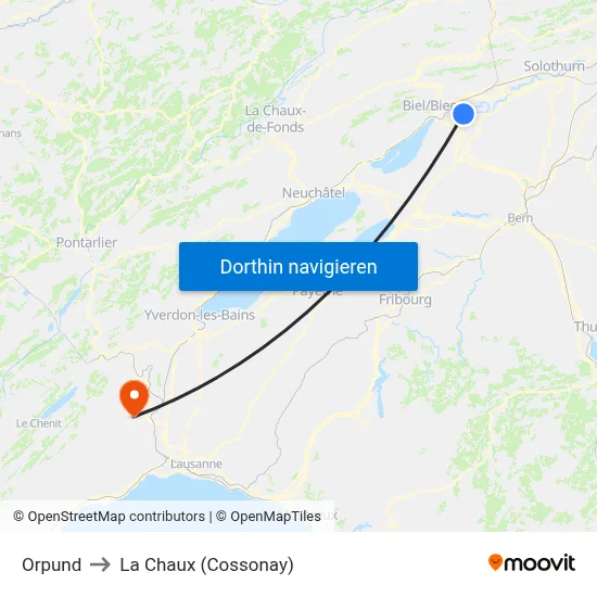 Orpund to La Chaux (Cossonay) map
