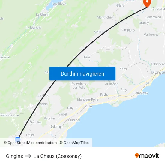 Gingins to La Chaux (Cossonay) map
