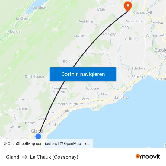 Gland to La Chaux (Cossonay) map