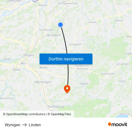Wynigen to Linden map