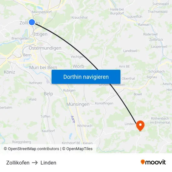 Zollikofen to Linden map