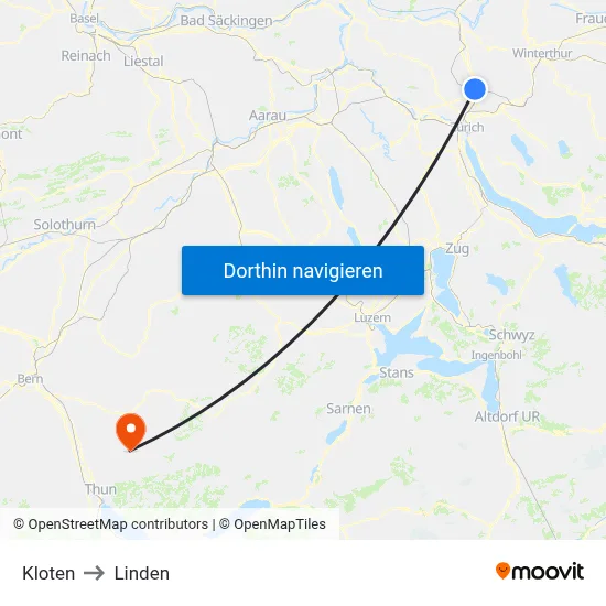 Kloten to Linden map