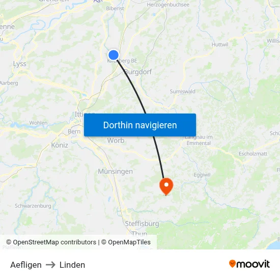Aefligen to Linden map