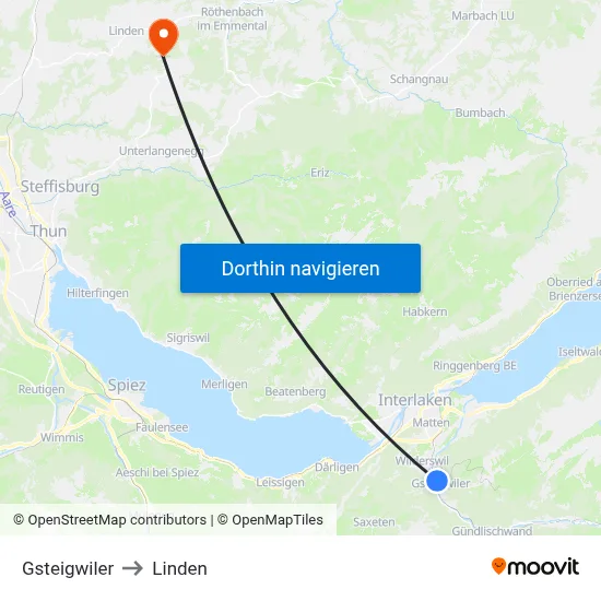 Gsteigwiler to Linden map
