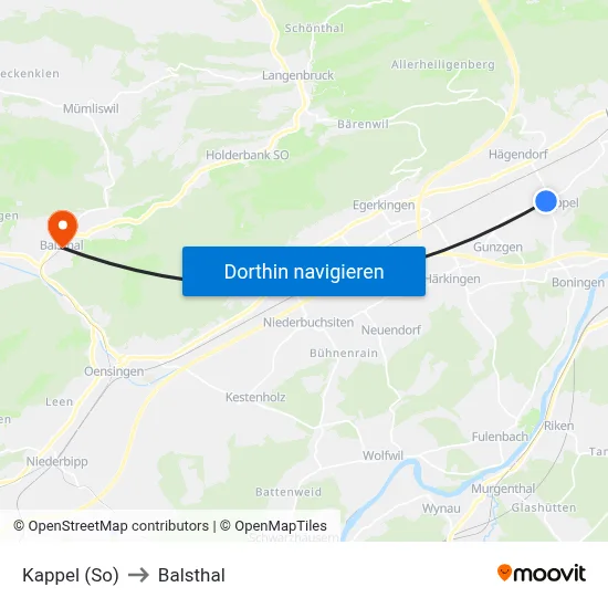 Kappel (So) to Balsthal map