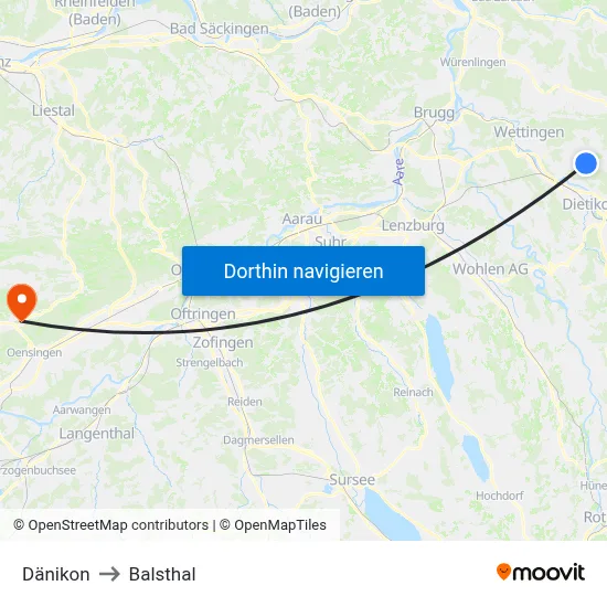 Dänikon to Balsthal map