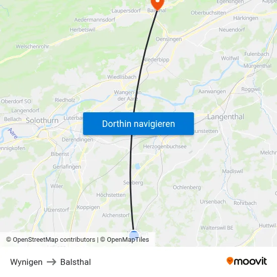 Wynigen to Balsthal map