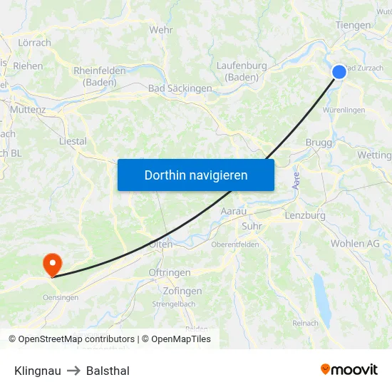Klingnau to Balsthal map