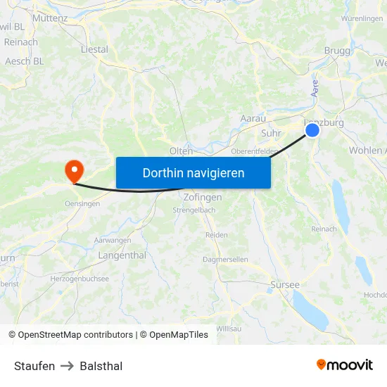 Staufen to Balsthal map