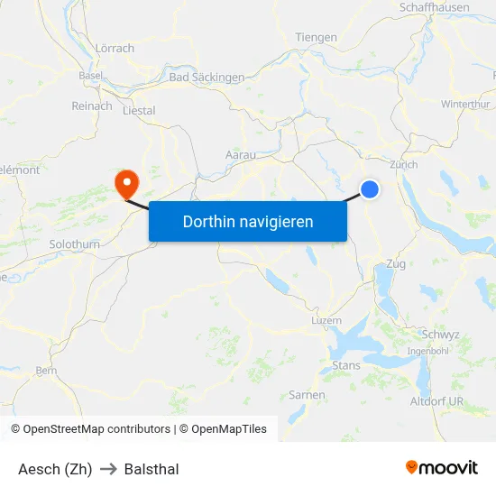 Aesch (Zh) to Balsthal map