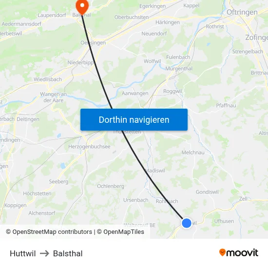 Huttwil to Balsthal map