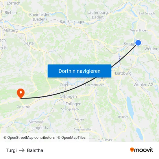 Turgi to Balsthal map