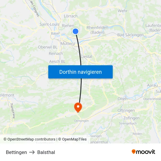 Bettingen to Balsthal map