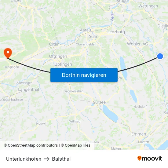 Unterlunkhofen to Balsthal map