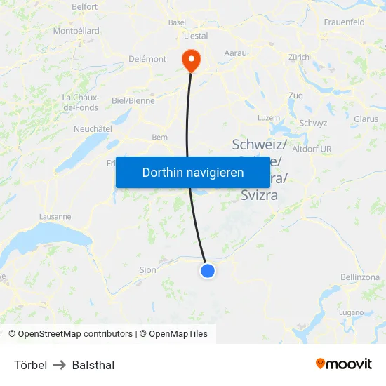 Törbel to Balsthal map