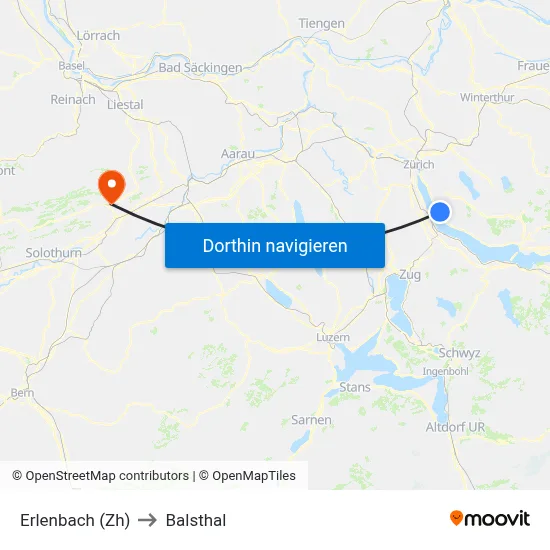 Erlenbach (Zh) to Balsthal map
