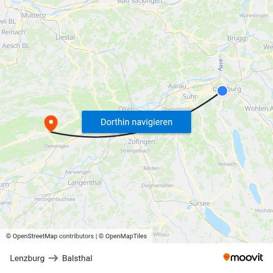 Lenzburg to Balsthal map
