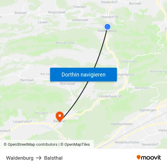 Waldenburg to Balsthal map