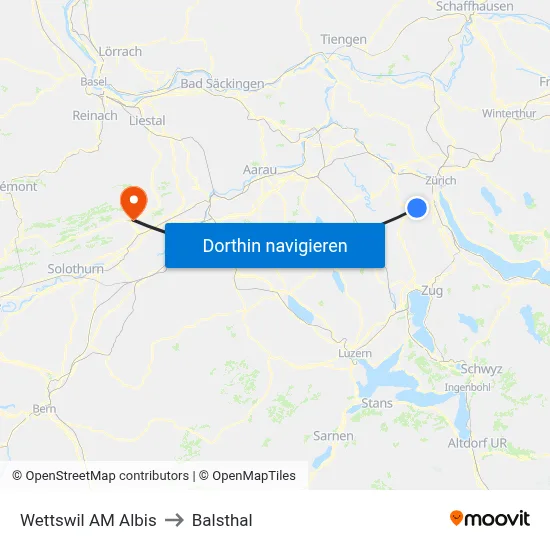 Wettswil AM Albis to Balsthal map