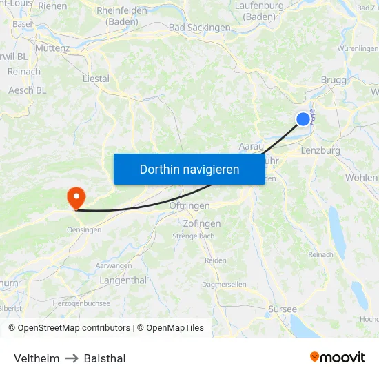 Veltheim to Balsthal map