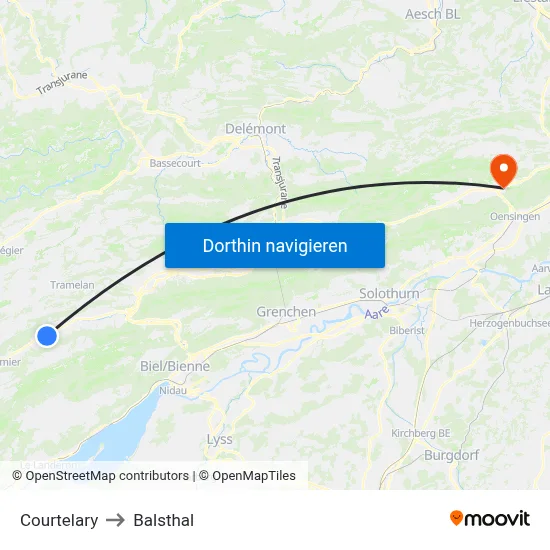 Courtelary to Balsthal map