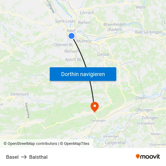 Basel to Balsthal map
