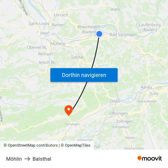 Möhlin to Balsthal map
