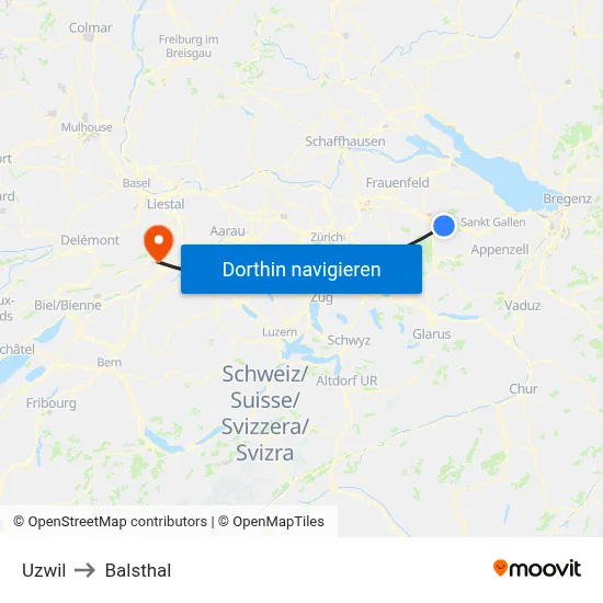 Uzwil to Balsthal map
