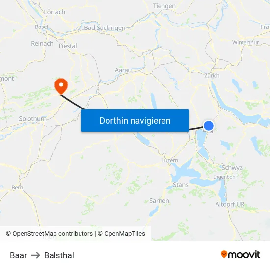 Baar to Balsthal map