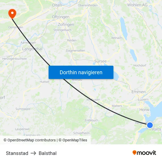 Stansstad to Balsthal map