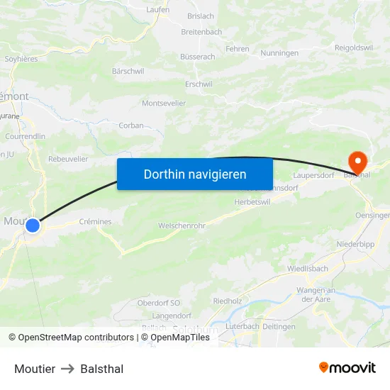 Moutier to Balsthal map