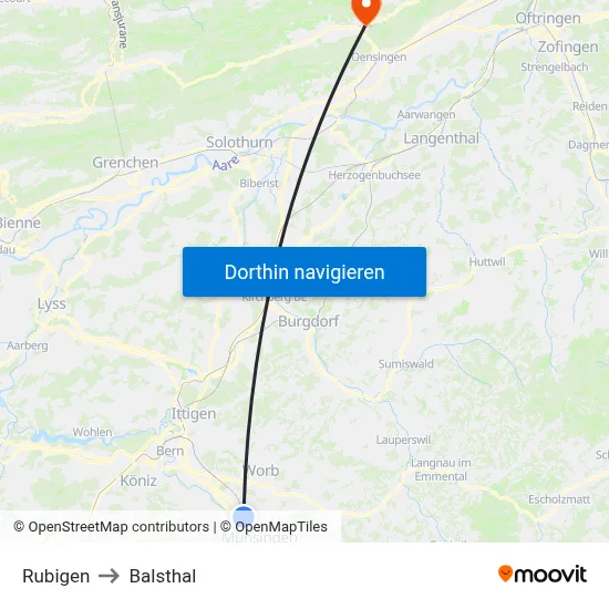 Rubigen to Balsthal map
