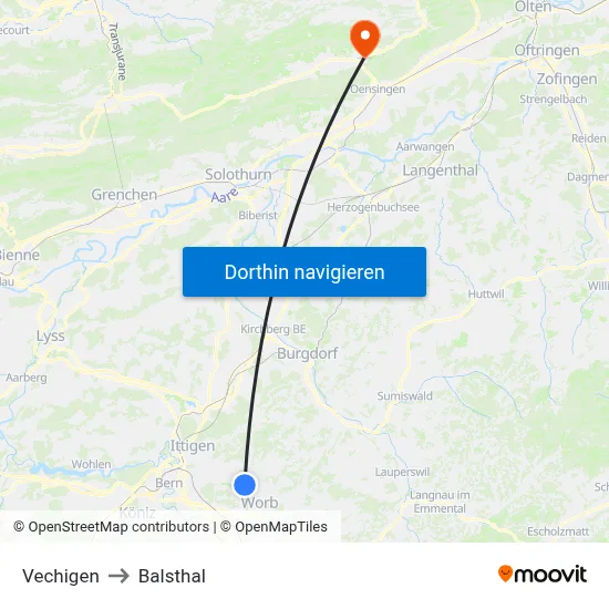 Vechigen to Balsthal map