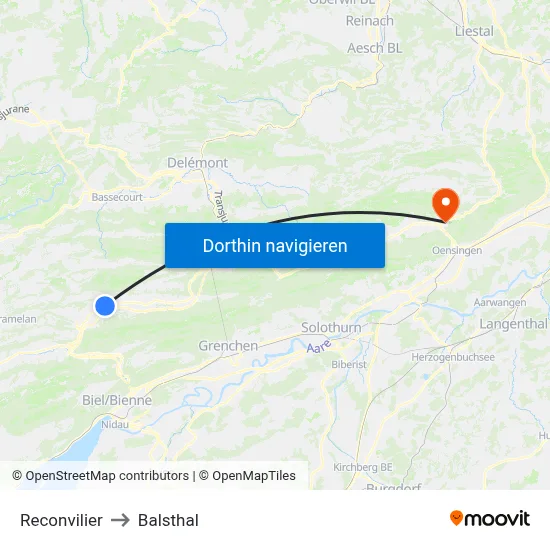 Reconvilier to Balsthal map