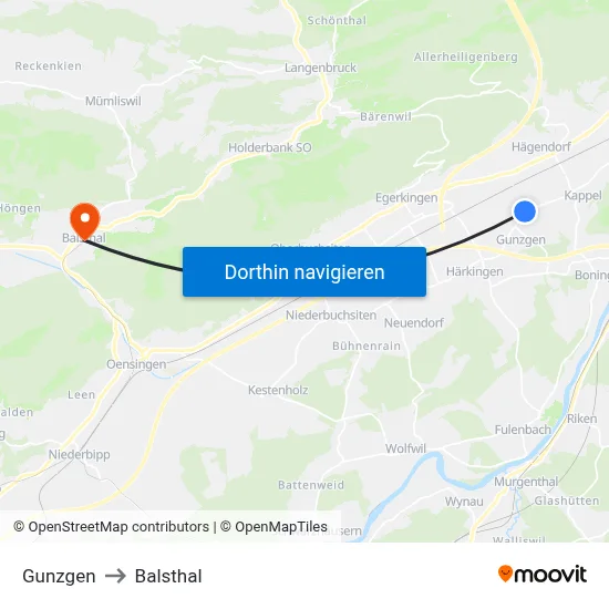 Gunzgen to Balsthal map