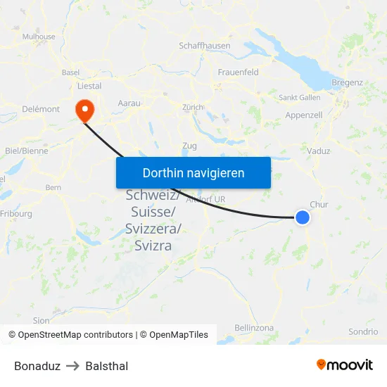 Bonaduz to Balsthal map