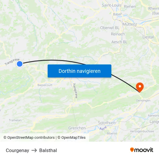 Courgenay to Balsthal map