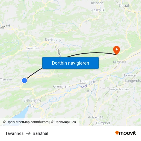 Tavannes to Balsthal map