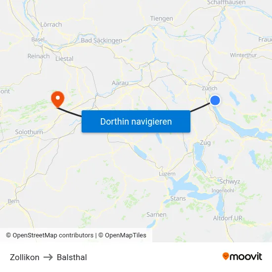 Zollikon to Balsthal map