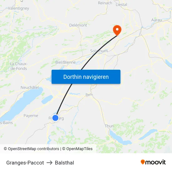 Granges-Paccot to Balsthal map